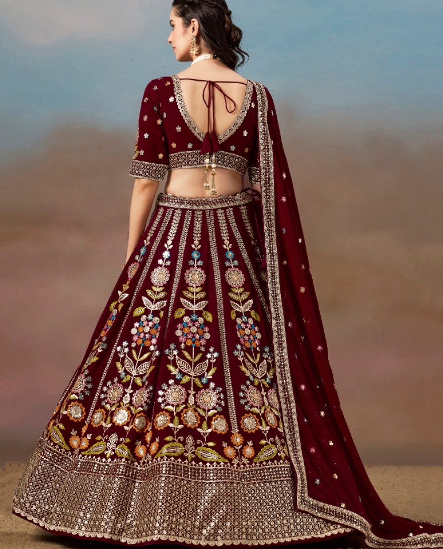 6008-Maroon - Stunning maroon Thread Work Georgette Engagement Wear Lehenga With Blouse